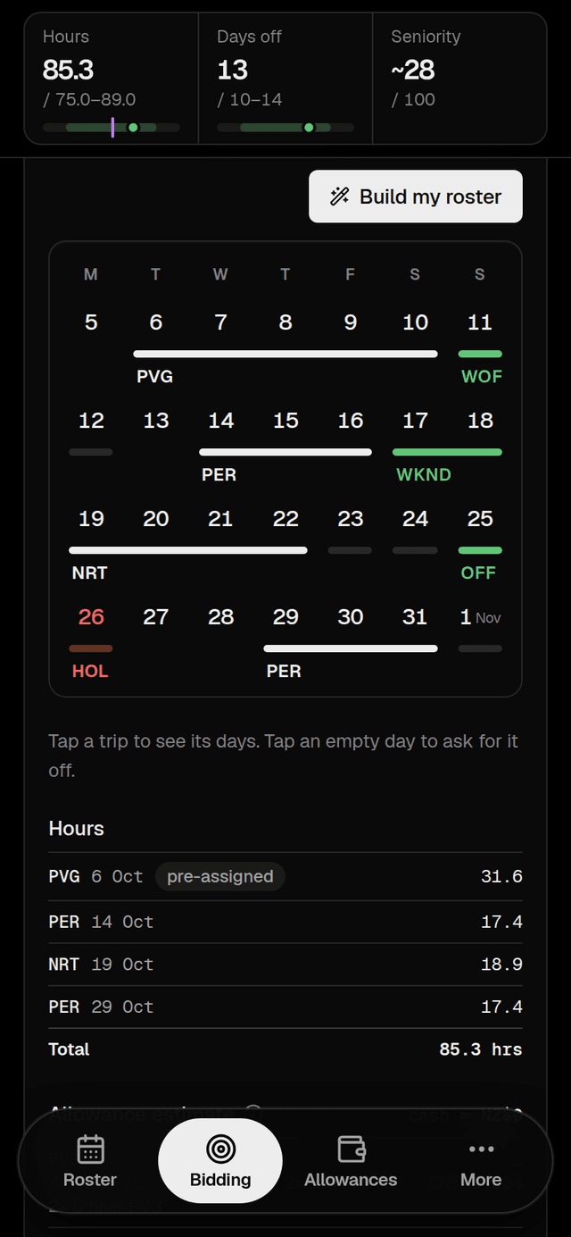 Bidding calendar with trips, days off and hours