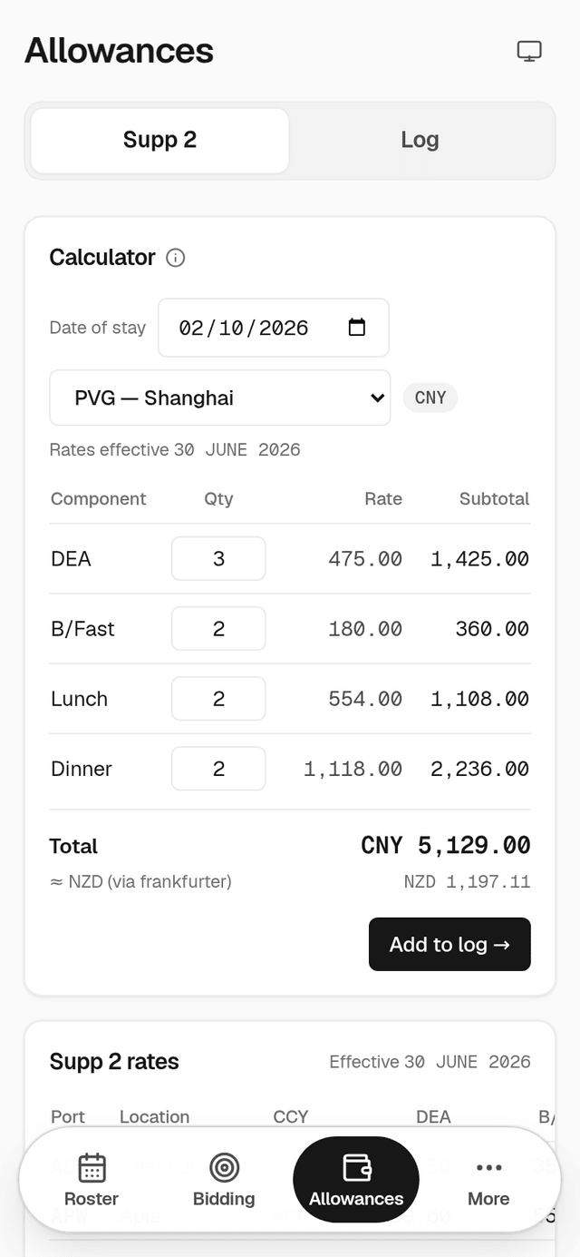 Supp 2 allowance calculator in light mode