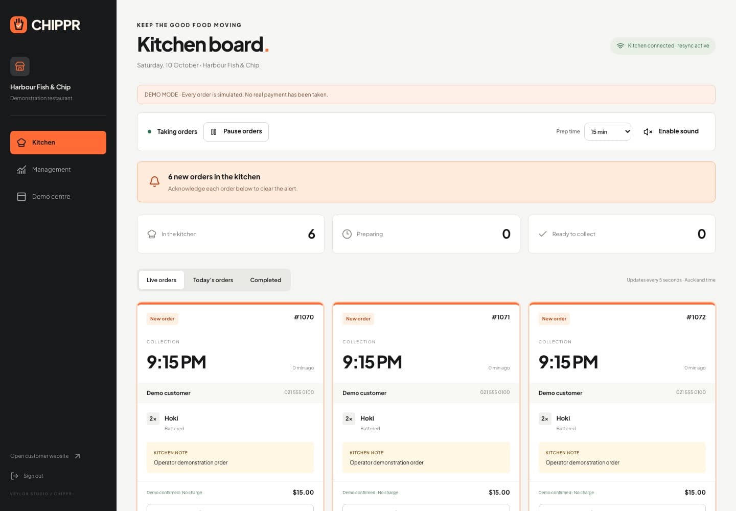 CHIPPR kitchen board with six new collection orders waiting to be acknowledged