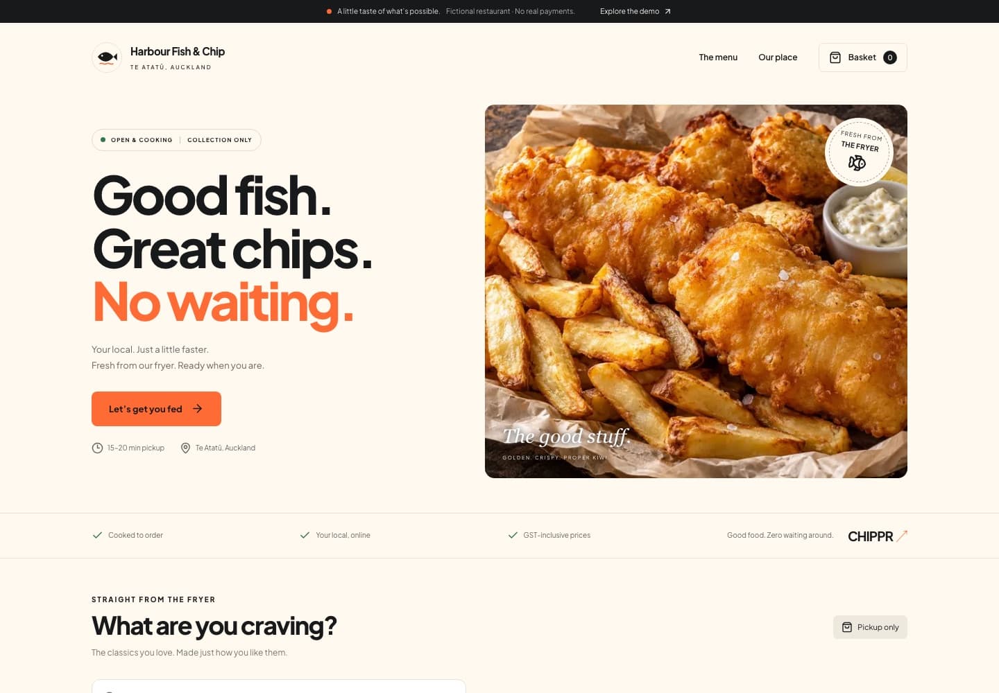 A takeaway ordering website built on CHIPPR, for a demonstration fish and chip shop