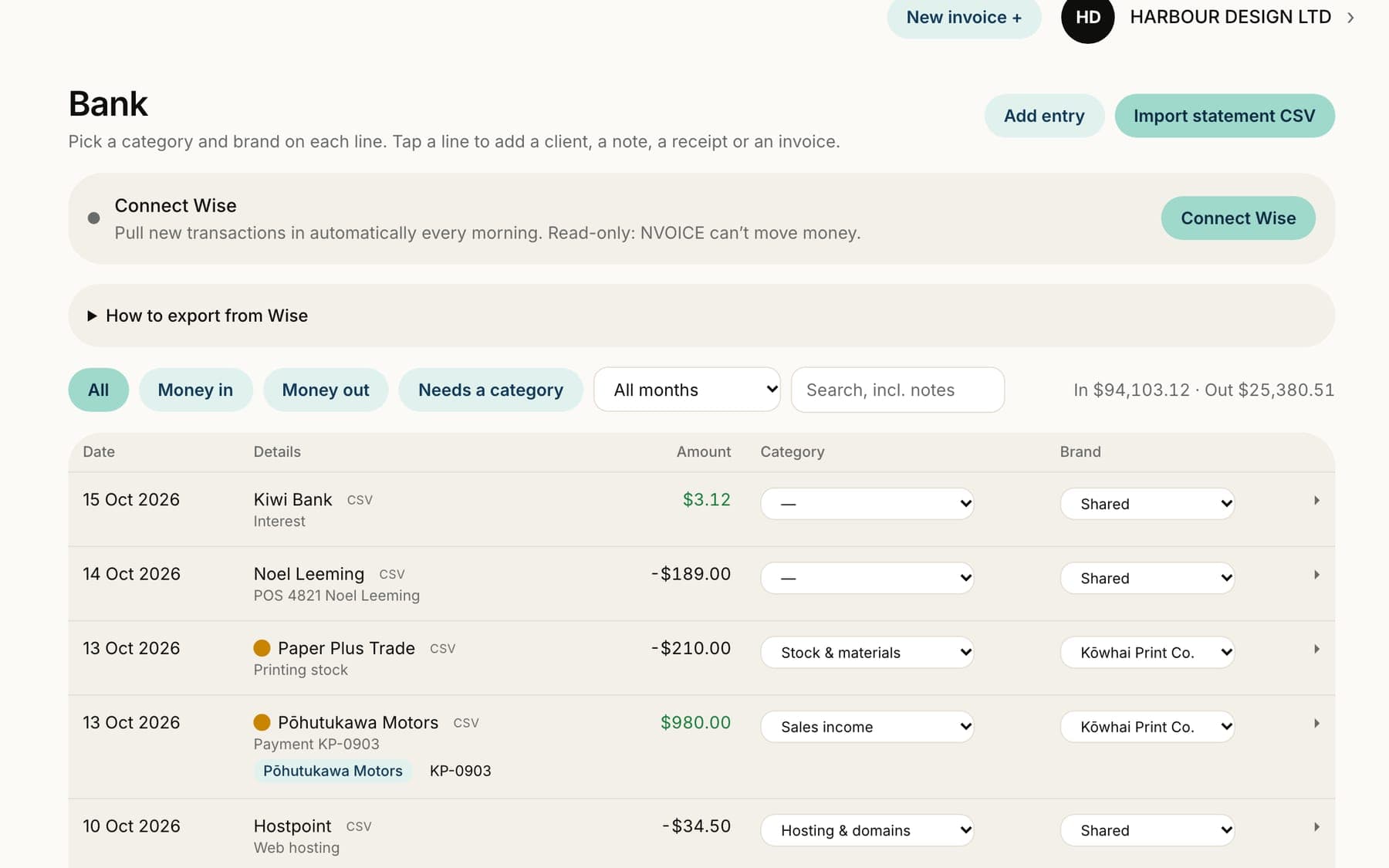 The NVOICE bank page, with each line given a category and brand, and payments matched to their invoices