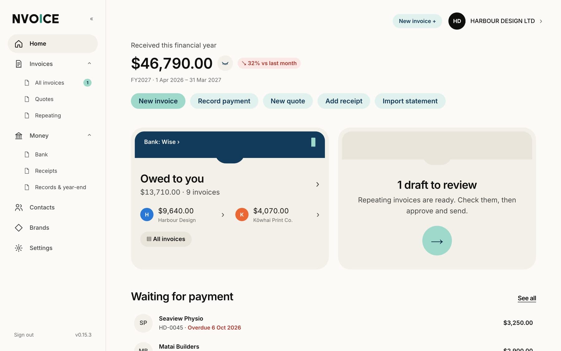 The NVOICE home screen: money received this financial year, what clients owe per brand and invoices waiting for payment