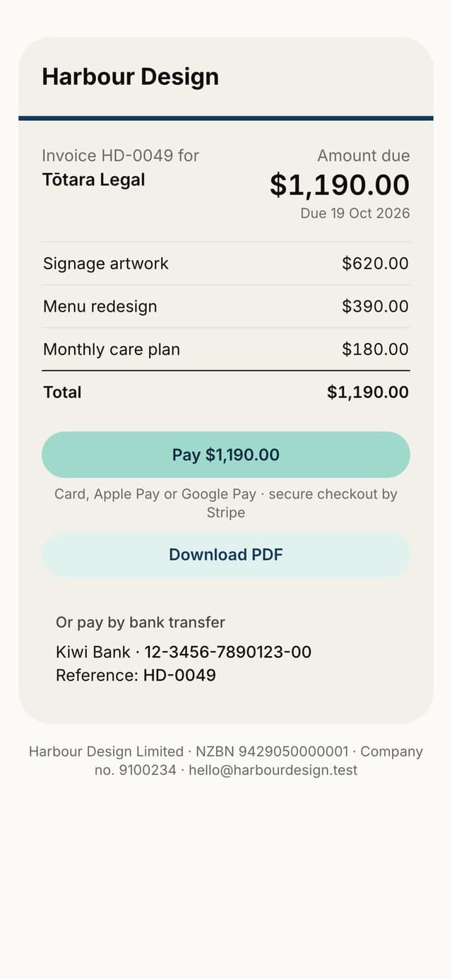 An NVOICE invoice opened on a phone, with a button to pay by card, Apple Pay or Google Pay