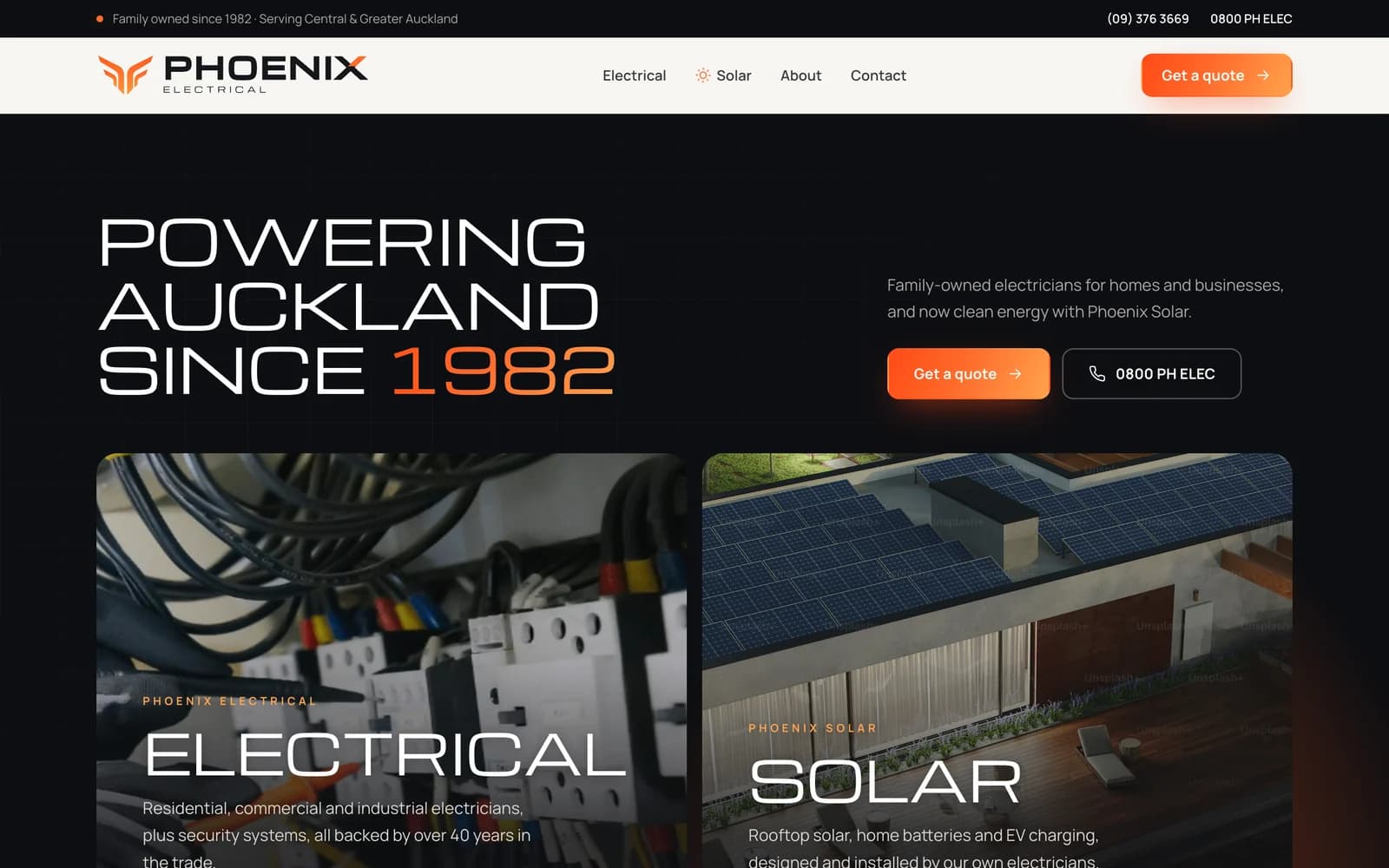 The Phoenix Electrical homepage: 'Powering Auckland since 1982', with panels for Phoenix Electrical and Phoenix Solar